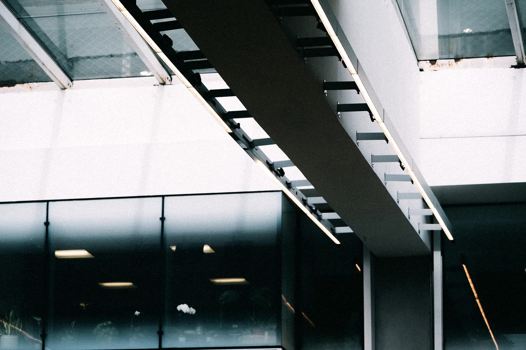 Detail of a glass and steel canopy on a commercial building.